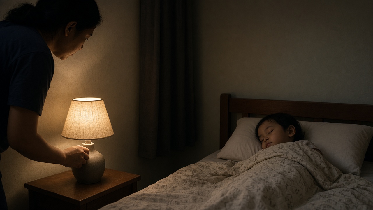 Orang tua meredupkan lampu saat anak sudah di tempat tidur