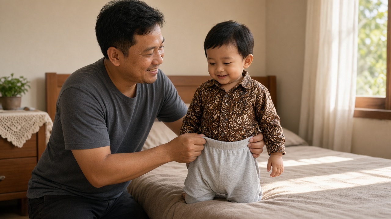 Ayah membantu balita memakai celana latihan toilet training