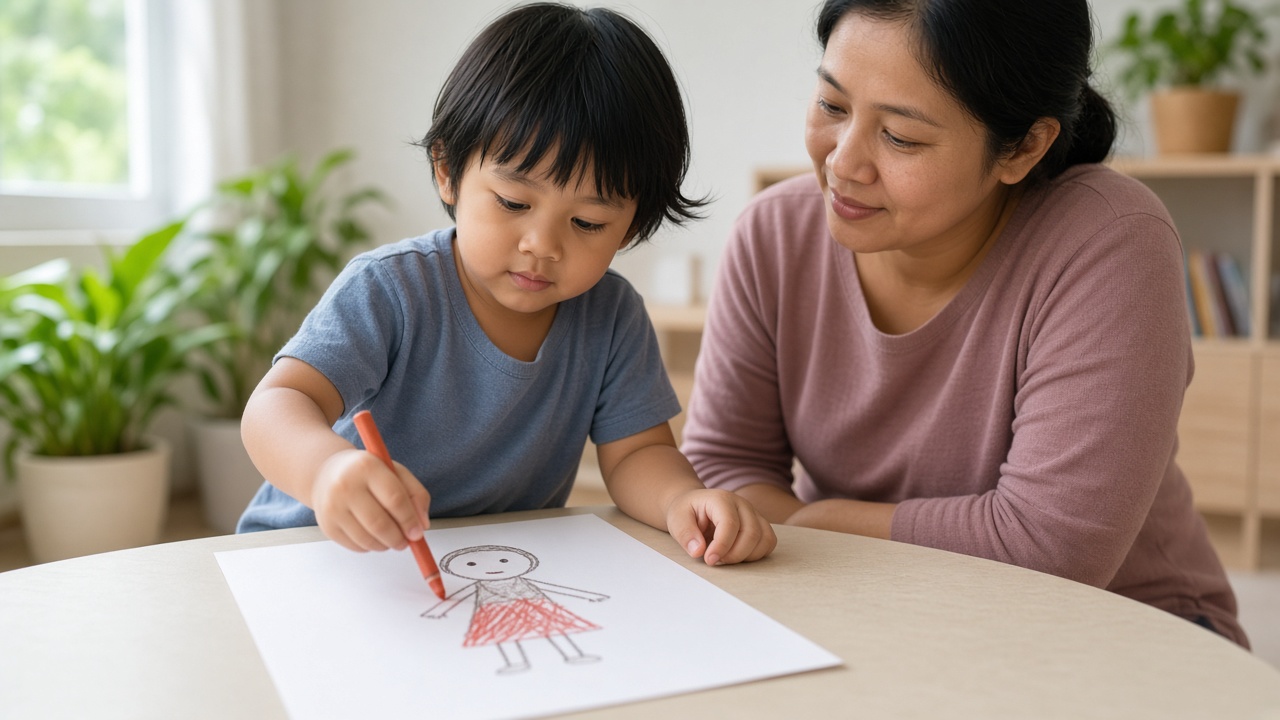 Anak 3 tahun menggambar orang dengan krayon di meja rendah